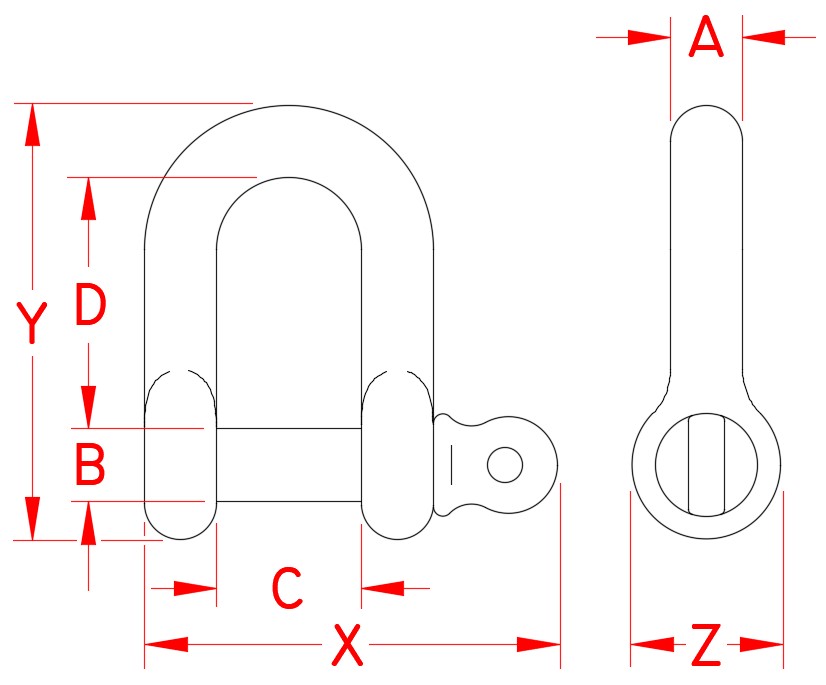 Stainless Steel Straight D Shackle with Screw Pin, S0115-0004, S0115-0005, S0115-0006, S0115-0008, S0115-0010, S0115-0012, S0115-0013, S0115-0016, S0115-0020, S0115-0022, S0115-0025, S0115-0032, Line Drawing